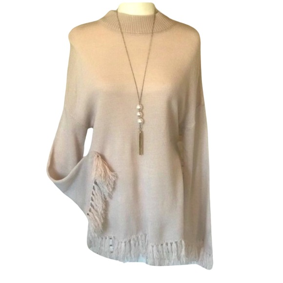 Sweaters - BOUTIQUE- CURVY SWEATER WITH TASSELS, NEUTRAL BLUSH COLOR